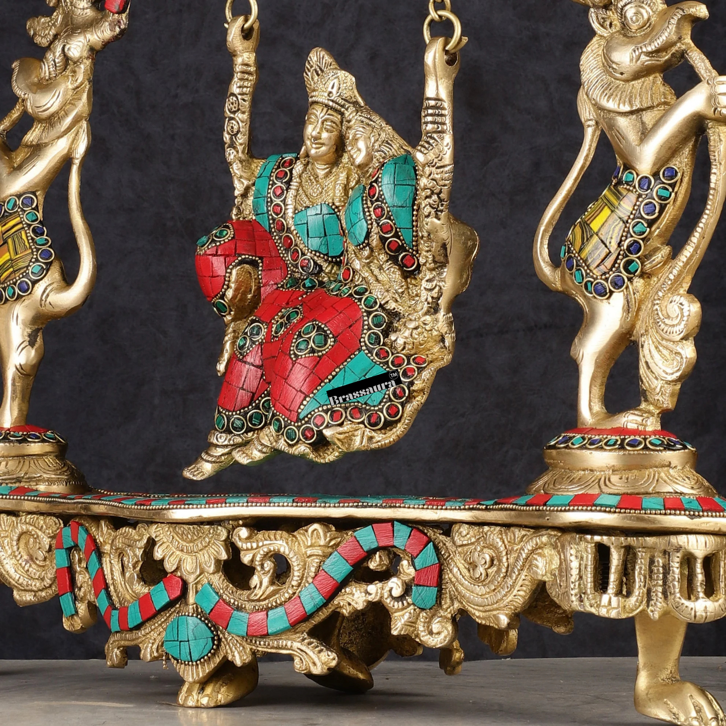 Brassaura™ Brass Radha Krishna on Swing with Natural Stones & Brass Rings – Height 18 Inches & Weight 8 Kgs | Elegant Devotional Statue