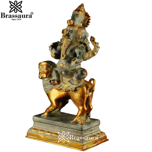 Brassaura® Heramba Ganapati on Lion Vahana | Antique Finish Brass Idol | Height 24 Inches
