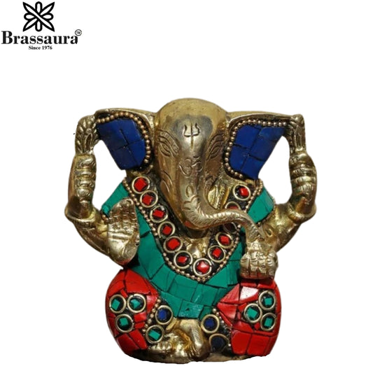 Brass Gem Stone Work Ganesha Weight .6 Kg & Height 3.8 Inch
