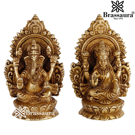 Brassaura™ Elegant Brass Laxmi Ganesha Idol – Height 5.5 Inches & Weight 1.8 Kgs | Devotional Home Décor