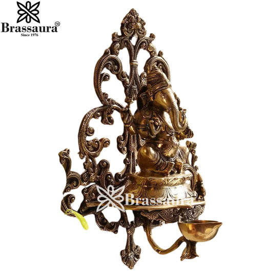 Brassaura™ Artistic Brass Ganesha Wall Hanging – Height 14 Inches & Weight 3.75 Kgs | Meditation Room Décor