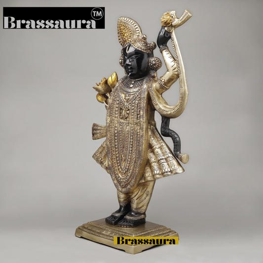 BrassAura™ Brass Krishna as Srinath – Golden & Black Patina Finish | Height 32 Inch | Weight 29.04 Kg