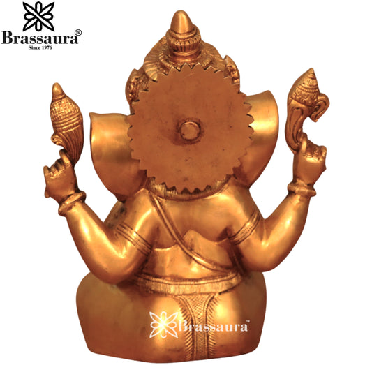 Brassaura® Golden Sitting Lord Ganesha | Brass Idol | Height 9 Inches
