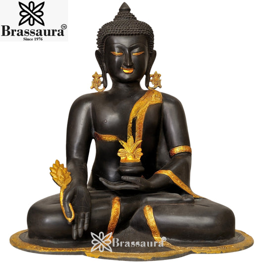 Brassaura® Buddha Sitting in Meditation Idol with Vintage Finish | Pure Superfine Brass Handcrafted Murti | Brass Statue for Home Temple, Pooja Room | Height 17.5 Inches | Weight 17 Kgs