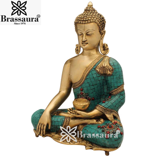 Brassaura® Classic Gem Stone Work Buddha Idol for Home & Décor | Pure Superfine Brass Handcrafted Murti, Brass Statue for Home Temple, Pooja Room | Height 16 Inches | Weight 10.5 Kg