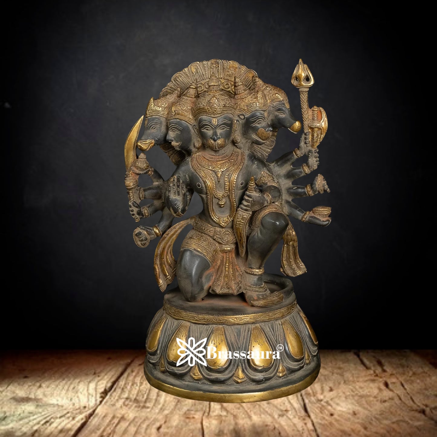 Brassaura™ Brass Panchmukhi Hanuman Statue, Height 13.5 Inches & Weight 8.2 Kgs | Classic Home & Temple Décor