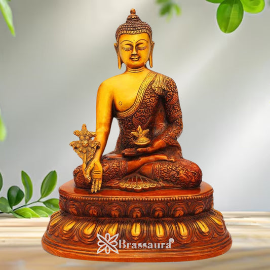 Brassaura® Buddha Seated Meditation Idol with Golden And Dark Brown Finish | Pure Superfine Brass Handcrafted Murti | Brass Statue for Home Temple, Pooja Room | Height 11 Inches | Weight 4.6 Kgs