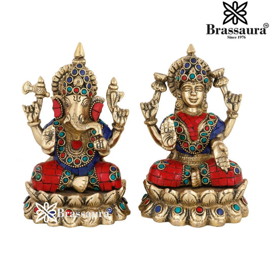Brassaura™ Traditional Brass Gem Stone Work Laxmi Ganesha Murti – Height 5 Inches & Weight 2.9 Kgs | Home & Temple Idol