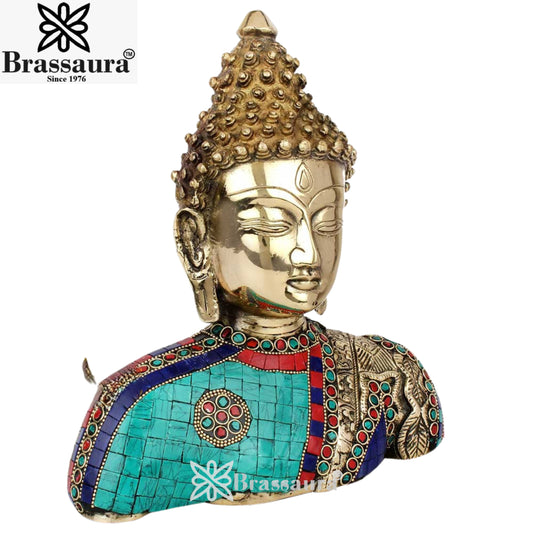 Brass Gem Stone Work Buddha Face Weight 3.4 Kg & Height 10 Inch