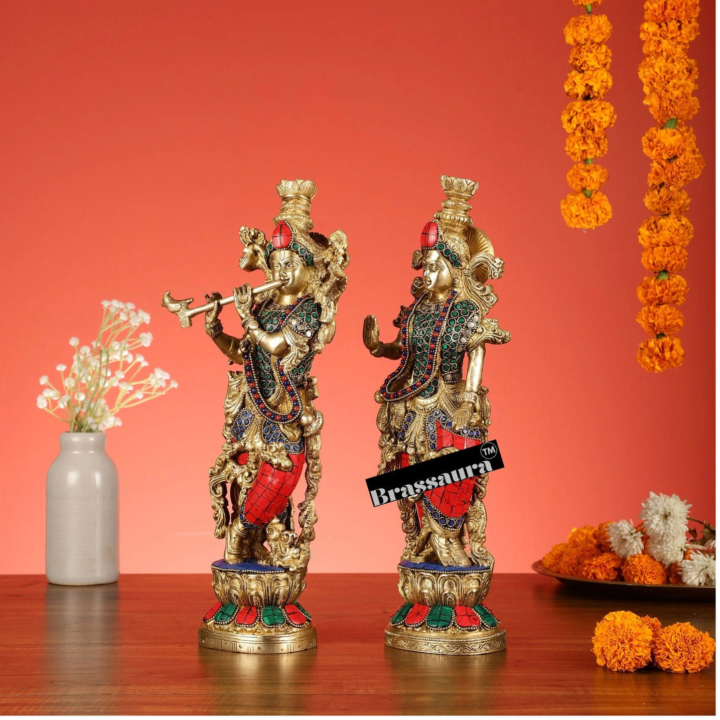 Brassaura™ Handcrafted Brass Radha Krishna Statue with Natural Stones – Height 14 Inches & Weight 8.5 Kgs | Elegant Devotional Idol