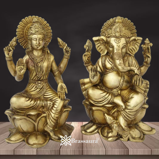 Brassaura® Lotus Base Lakshmi Ganesha Brass Idol Set | Handmade Divine Murti Pair for Prosperity & Blessings | Height 11 Inches