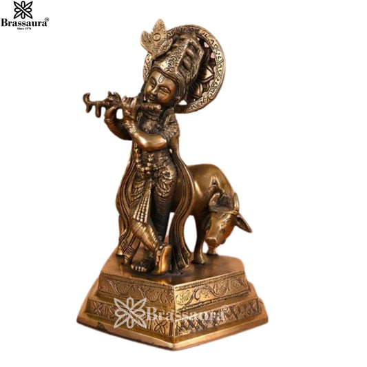 Brass Cow Krishna Murti Weight 2.47 Kg And Height 10 Inch