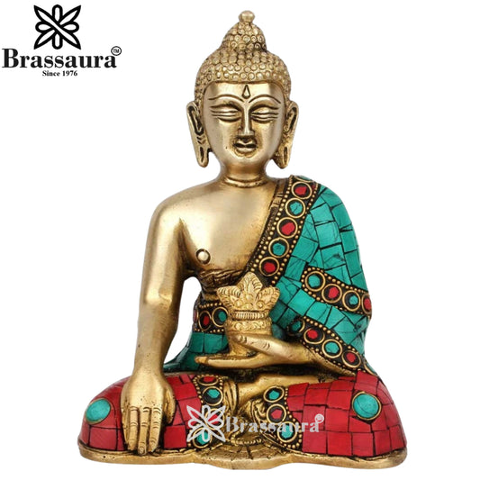 Brass Blessing Gem Stone Work Buddha Weight 1.5 kg & Height 6.5 Inch