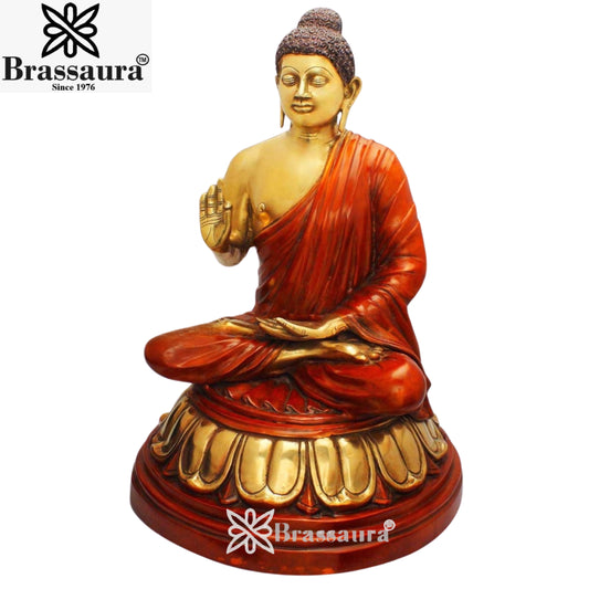 Brassaura® Brass Classic Buddha Idol with Red Robe in Seated Meditation Pose – Pure Superfine Brass Handcrafted Murti, Brass Statue for Home Temple, Pooja Room – 22 Inch, 15.6 Kg
