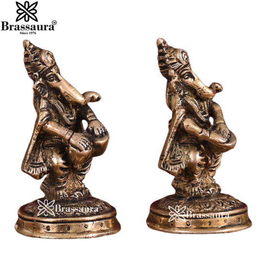 Brassaura® Dancing Ganesha Brass Idol Set of 2 | Artistic Pair with Playful Detailing | Height 4 Inches