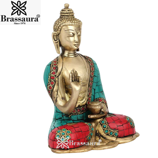 Brass Blessing Gem Stone Work Buddha Weight 1.4 kg & Height 6.5 Inch