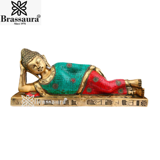 Brass Sleeping Gem Stone Work Buddha Weight 10 kg & Height 9 Inch