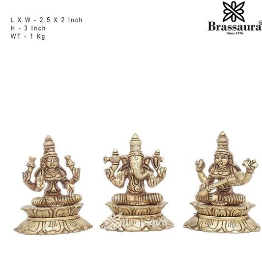 Brassaura™ Classic Brass Laxmi Ganesha Saraswati Statue – Height 3 Inches & Weight 1 Kgs | Devotional Décor