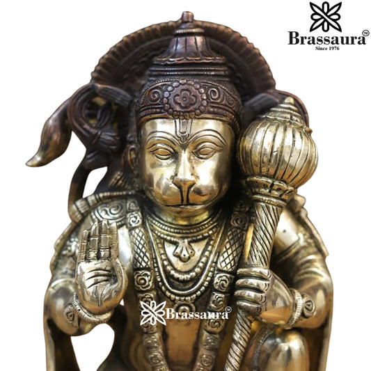 Brassaura® Hanuman Kneeling Abhaya Mudra Idol with Brown And Golden Yellow Finish | Pure Superfine Brass Handcrafted Murti | Brass Statue for Home Temple, Pooja Room | Height 10.5 Inches | Weight 5.04 Kgs