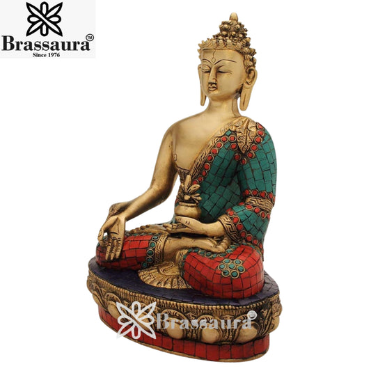 Brassaura® Vintage Buddha Idol for Home & Décor | Pure Superfine Brass Handcrafted Murti, Brass Statue for Home Temple, Pooja Room | Height 12 Inches | Weight 4.1 Kg