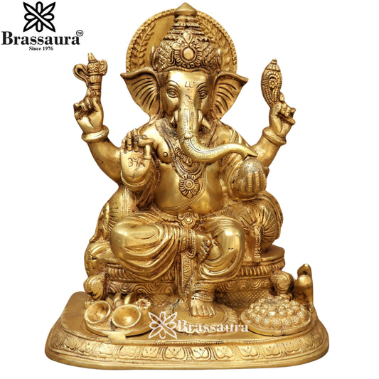 Brass Ganesha With Ladu Thali Statue Weight 10.6 Kg & Height 13 Inch