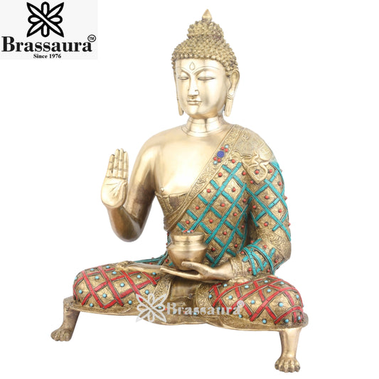 Brass Blessing Gem Stone Work Buddha With Base Weight 22 Kg & Height 26 Inch
