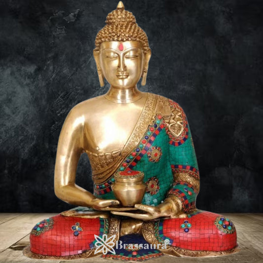 Brassaura® Buddha Sitting with Bowl Idol with Gem Stone Work Finish | Pure Superfine Brass Handcrafted Murti | Brass Statue for Home Temple, Pooja Room | Height 23.5 Inches | Weight 22 Kgs