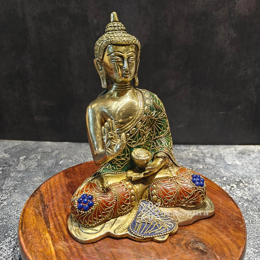 Brass Blessing Multicolored Gem Stone Work Buddha Weight 2 kg & Height 7.5 Inch