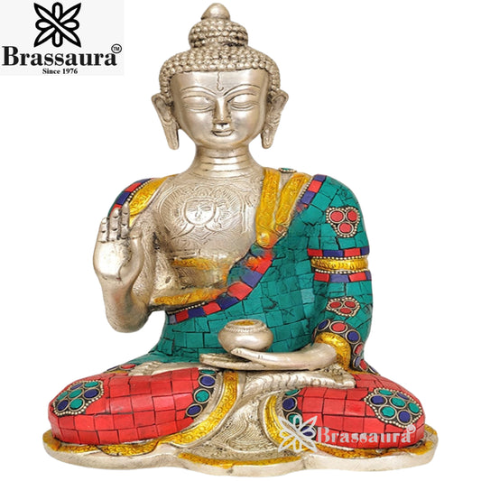 Brass Blessing Gem Stone Work Buddha Weight 4 Kg & Height 10 Inch