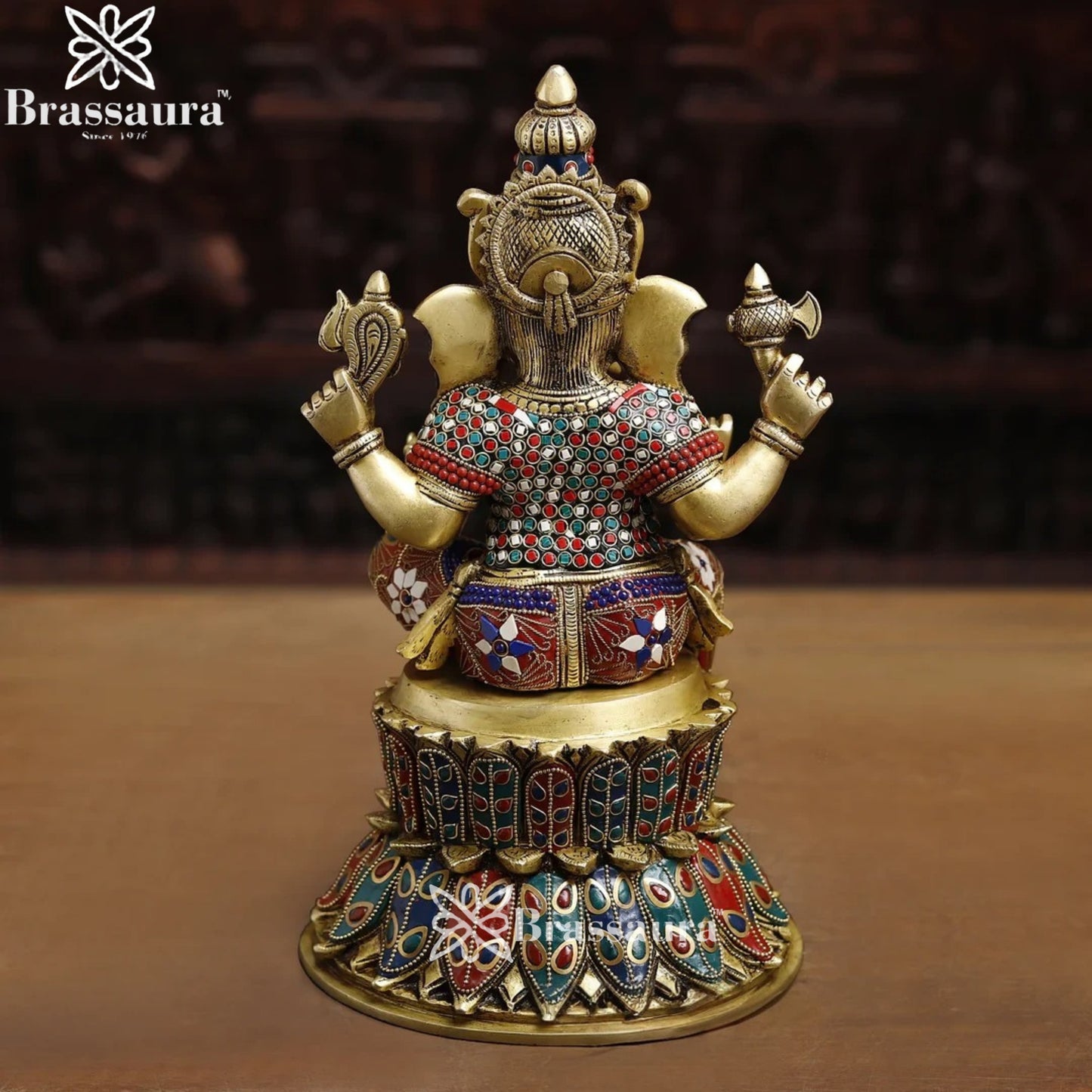 Brass Gem Stone Work Ganesha Weight 9.8 Kg & Height 14.5 Inch