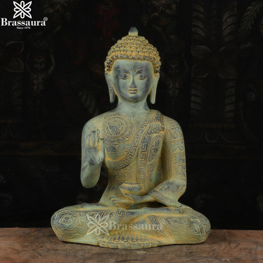 Brassaura® Buddha Sitting in Blessing Mudra Idol with Antique Green & Gold Finish | Pure Superfine Brass Handcrafted Murti | Brass Statue for Home Temple, Pooja Room | Height 13 Inches | Weight 5.6 Kgs