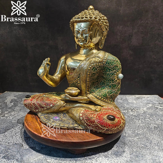 Brass Blessing Gem Stone Work Buddha Weight 5.8 kg & Height 12 Inch