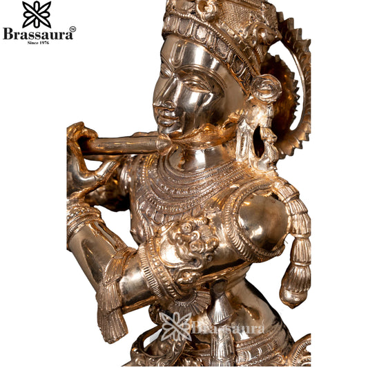 Brassaura® Vasudeva Krishna Playing Flute Idol with Fine Polish Finish | Handcrafted Bronze Lost-Wax Sculpture | Bronze Statue for Home Temple, Pooja Room | Height 27 Inches | Weight 21.6 Kgs