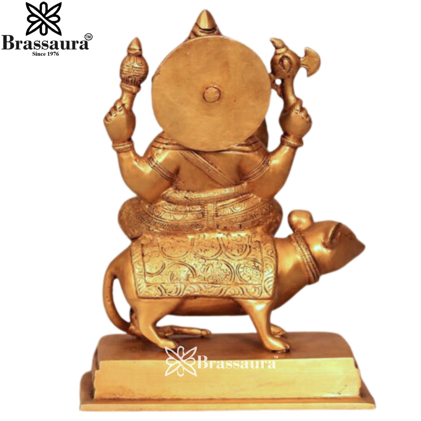 Brass Ganesha On Rat Statue Weight 3.7 Kg & Height 10 Inch