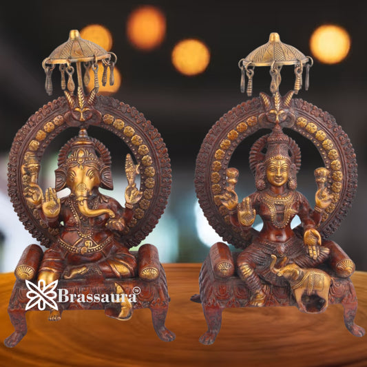 Brassaura® Antique Finish Lakshmi Ganesha Brass Idol Set | Royal Handmade Divine Murti Pair | Height 18 Inches