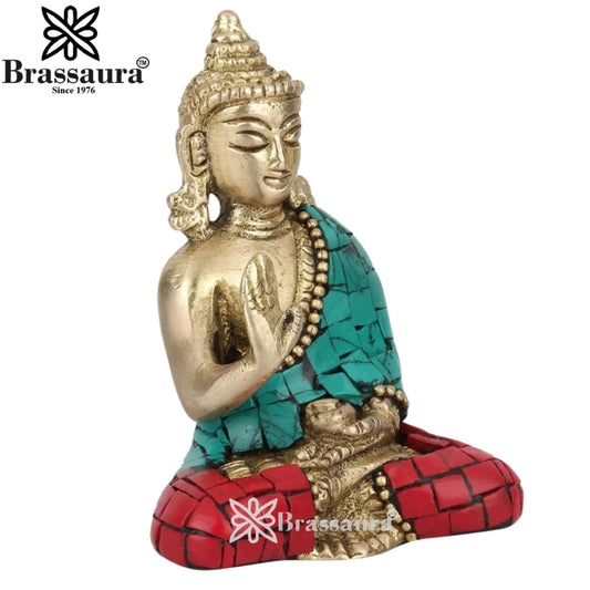 Brassaura® Buddha Seated Blessing Idol with Golden Brass And Multicolor Finish | Pure Superfine Brass Handcrafted Murti | Brass Statue for Home Temple, Pooja Room | Height 5 Inches | Weight 0.7 Kgs