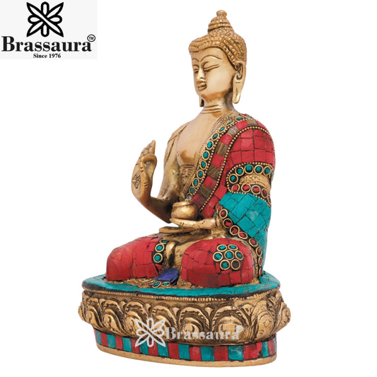 Brass Blessing Gem Stone Work Buddha Weight 3 kg & Height 9 Inch