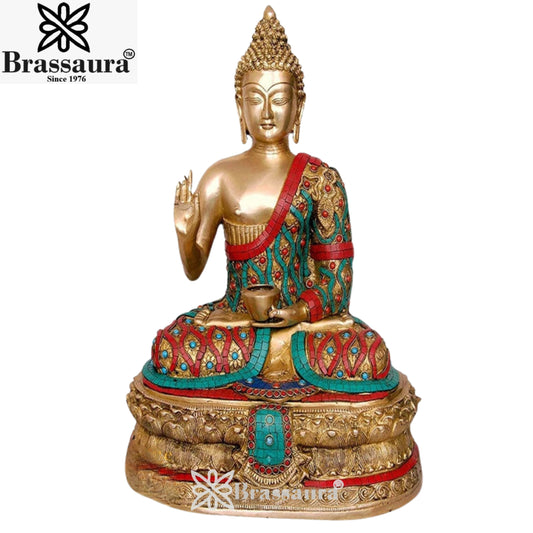 Brass Blessing Gem Stone Work Buddha With Base Weight 20 kg & Height 20 Inch
