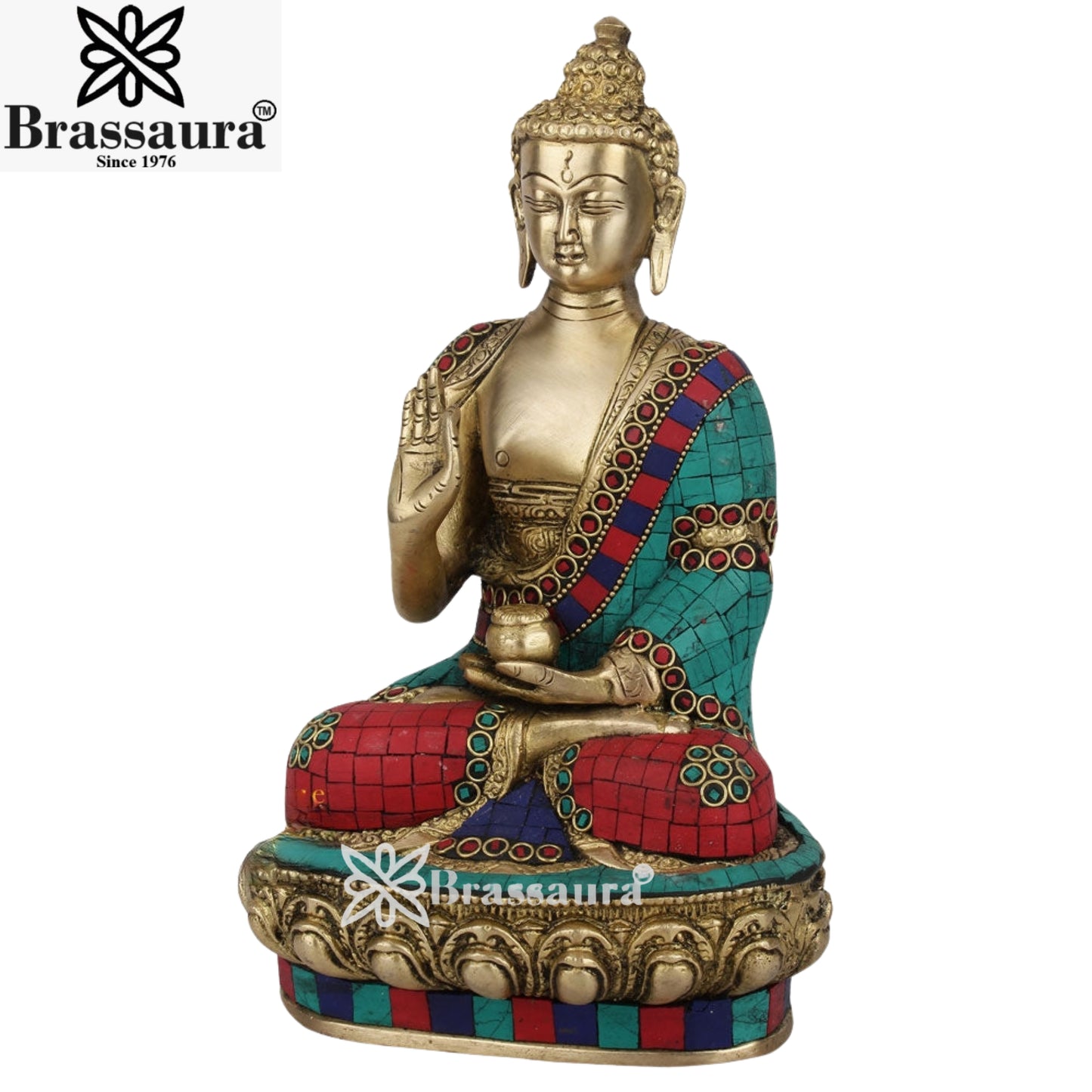 Brass Gem Stone Work Blessing Buddha Weight 3.2 kg & Height 10.5 Inch