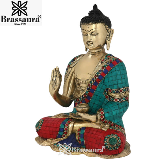 Brass Blessing Gem Stone Work Buddha Weight 5.5 kg & Height 12 Inch