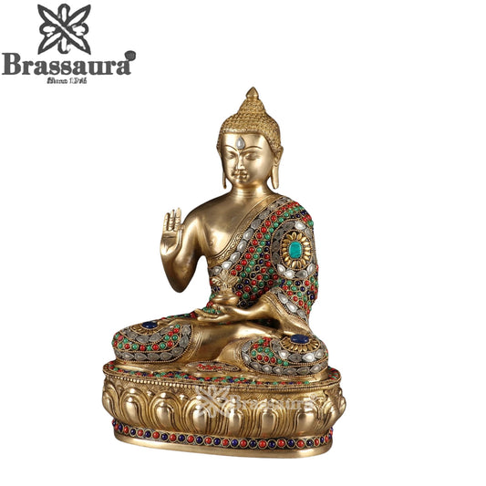 Brass Blessing Gem Stone Work Multicolored Buddha Weight 6.7 kg & Height 13 Inch