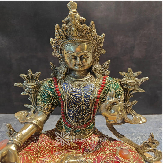 Brass Gem Stone Work Tara Weight 4.8 Kg & Height 13 Inch