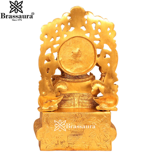 Brassaura® Golden Lord Ganesha Sitting on Singhasan | Brass Idol | Height 13.5 Inches