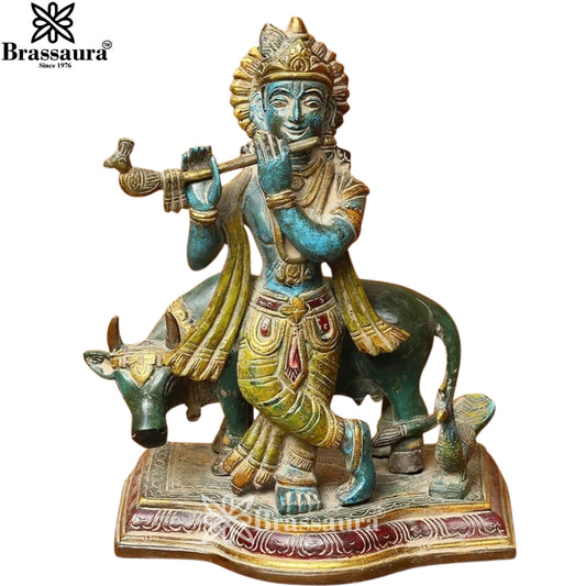 Brass Cow Krishna Murti Weight 3.5 Kg And Height 8 Inch