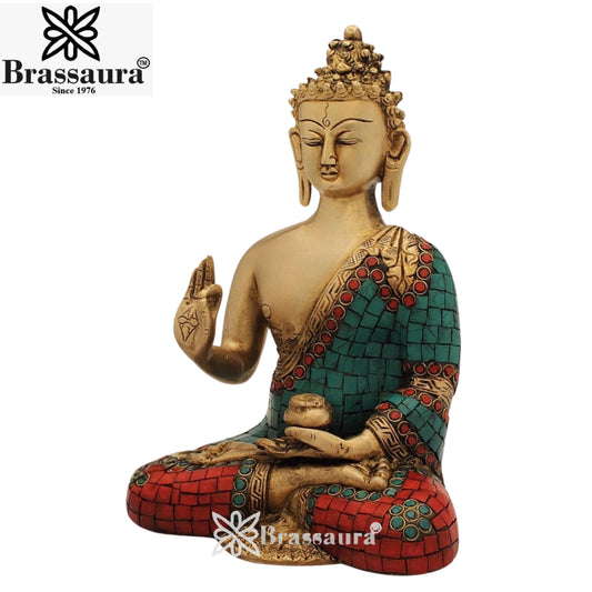 Brass Blessing Gem Stone Work Buddha Weight 2.7 kg & Height 10 Inch