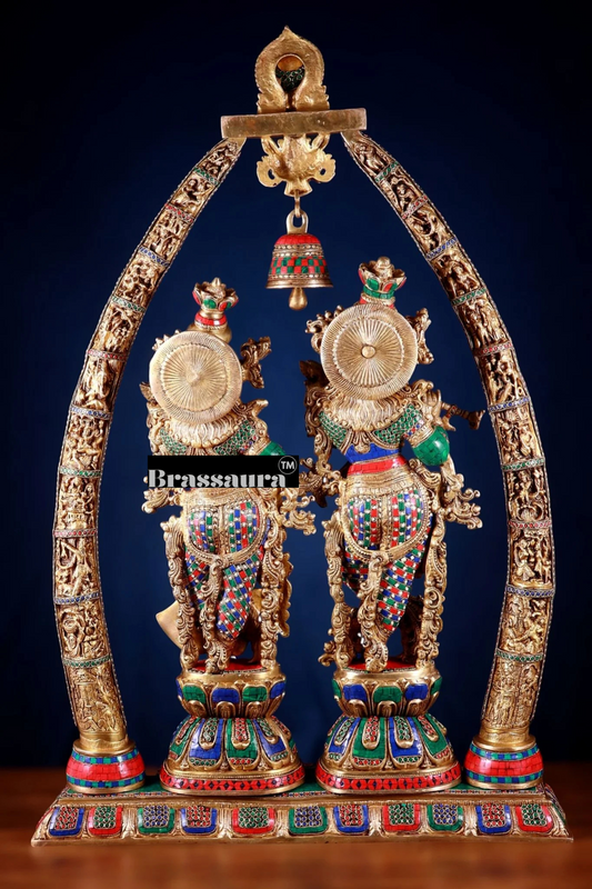 Brassaura™ Brass Radha Krishna Temple Arch with Krishna Leelas & Meenakari – Arch Height 45 Inches & Total Weight 70 Kgs | Elegant Devotional Masterpiece