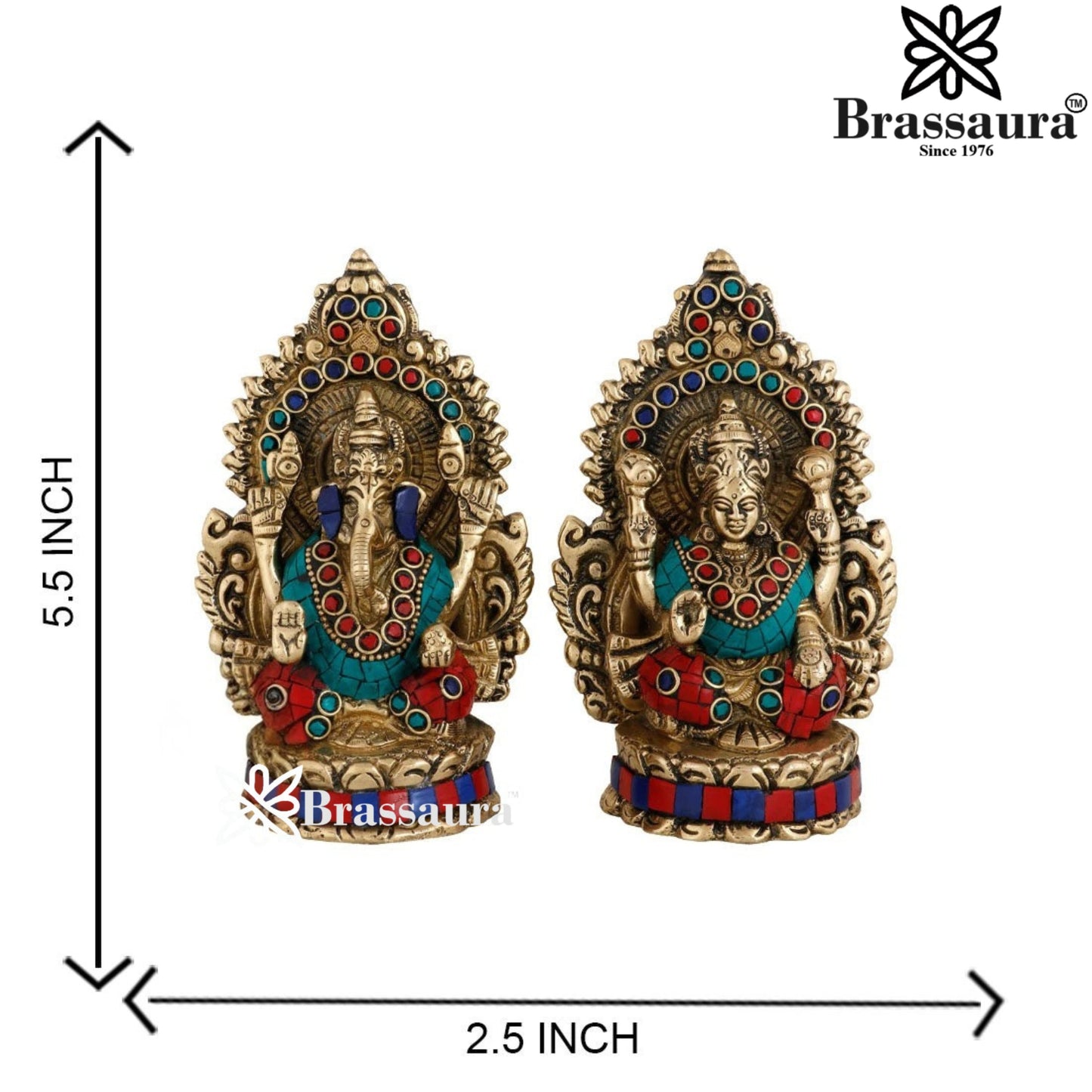 Brassaura™ Brass Gem Stone Work Laxmi Ganesha Idol – Height 5.5 Inches & Weight 1.8 Kgs | Hindu God Statue