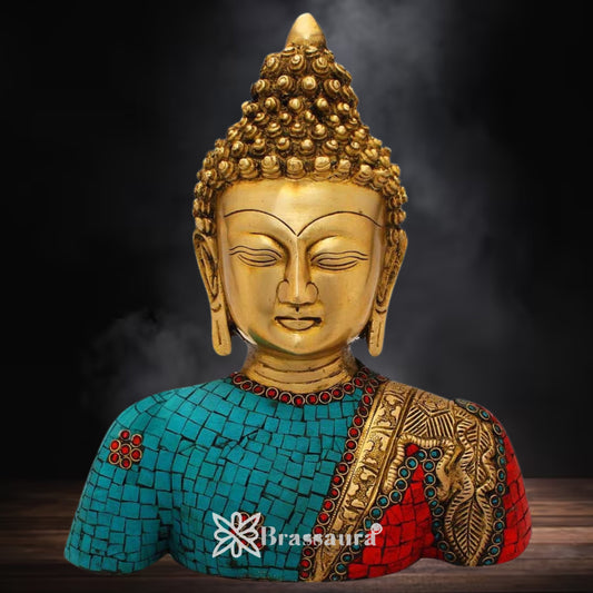 Brassaura® Buddha Bust Idol with Golden And Multicolor Finish | Pure Superfine Brass Handcrafted Murti | Brass Statue for Home Temple, Pooja Room | Height 11 Inches | Weight 3.7 Kgs