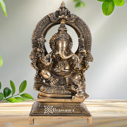 Brassaura® Prabhavali Seated Ganesha Brass Idol | Ornate Arch Design | Height 7.5 Inches