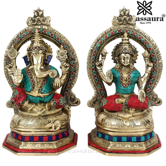 Brass Gem Stone Work Lakshmi Ganesh Weight 8.4 kg & Height 11.5 Inch